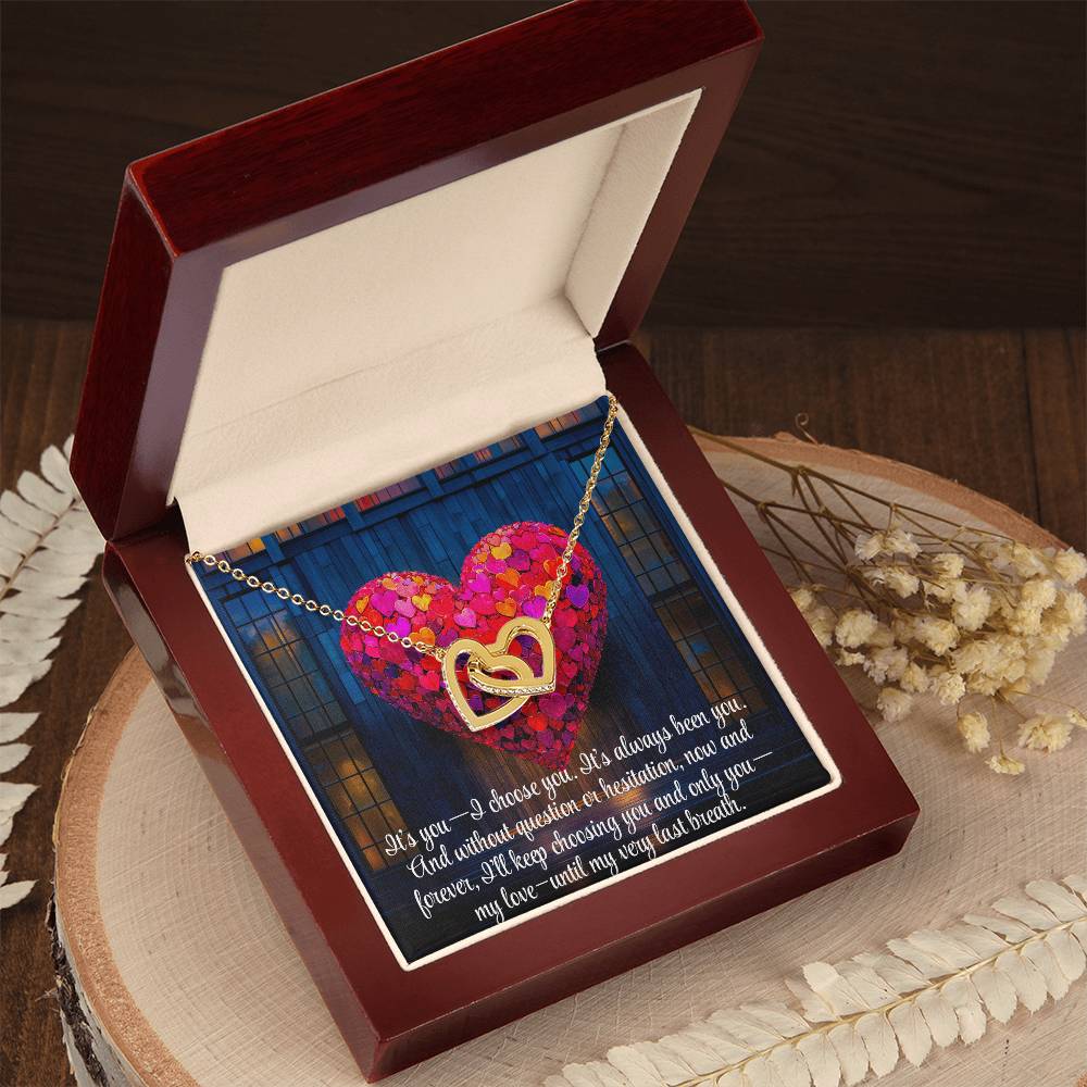 Interlocking Hearts Crystal Necklace, Custom Name Message Card, Gift for Girlfriend, Romantic Wife Gift with LED Mahogany Jewelry Box