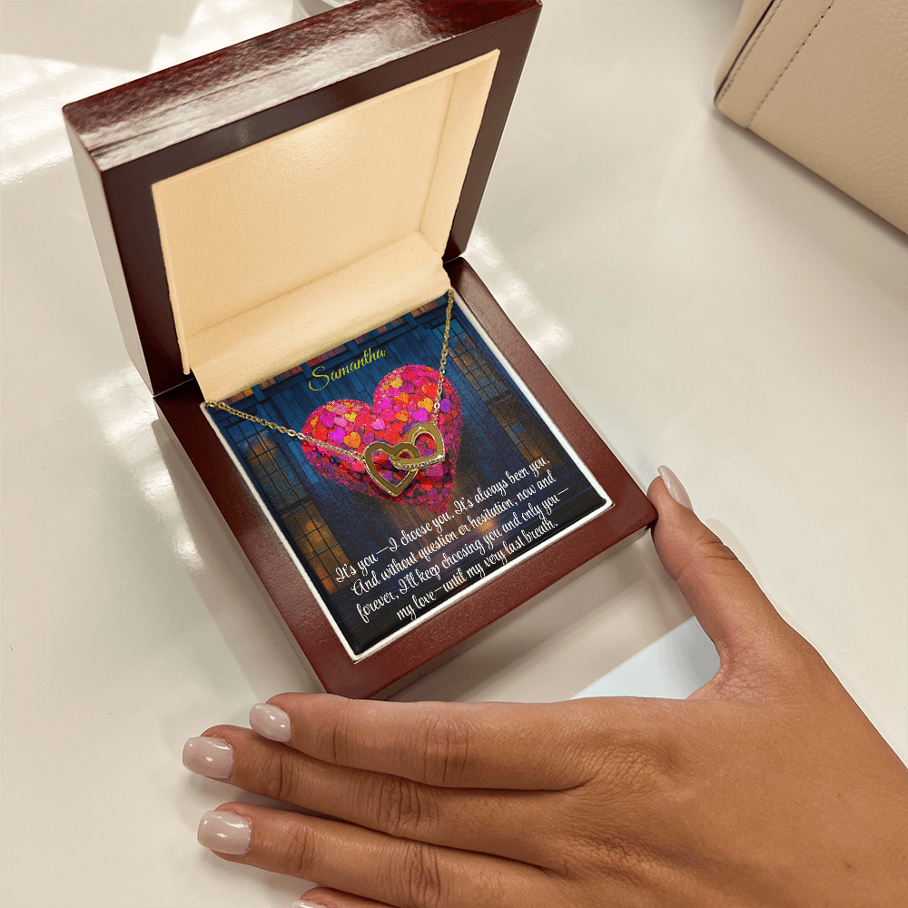 Interlocking Hearts Crystal Necklace, Custom Name Message Card, Gift for Girlfriend, Romantic Wife Gift with LED Mahogany Jewelry Box