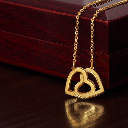 Interlocking Hearts Crystal Necklace, Custom Name Message Card, Gift for Girlfriend, Romantic Wife Gift with LED Mahogany Jewelry Box