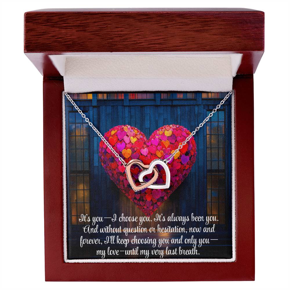 Interlocking Hearts Crystal Necklace, Custom Name Message Card, Gift for Girlfriend, Romantic Wife Gift with LED Mahogany Jewelry Box