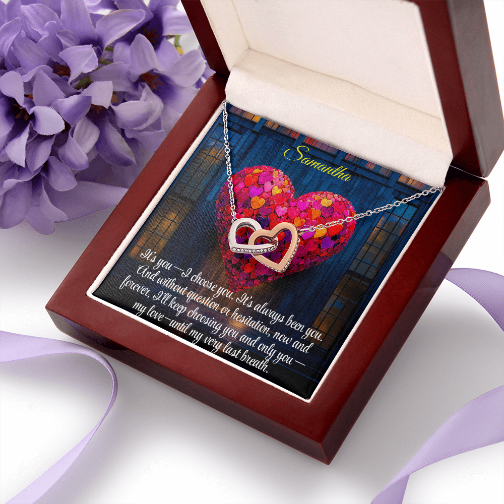 Interlocking Hearts Crystal Necklace, Custom Name Message Card, Gift for Girlfriend, Romantic Wife Gift with LED Mahogany Jewelry Box