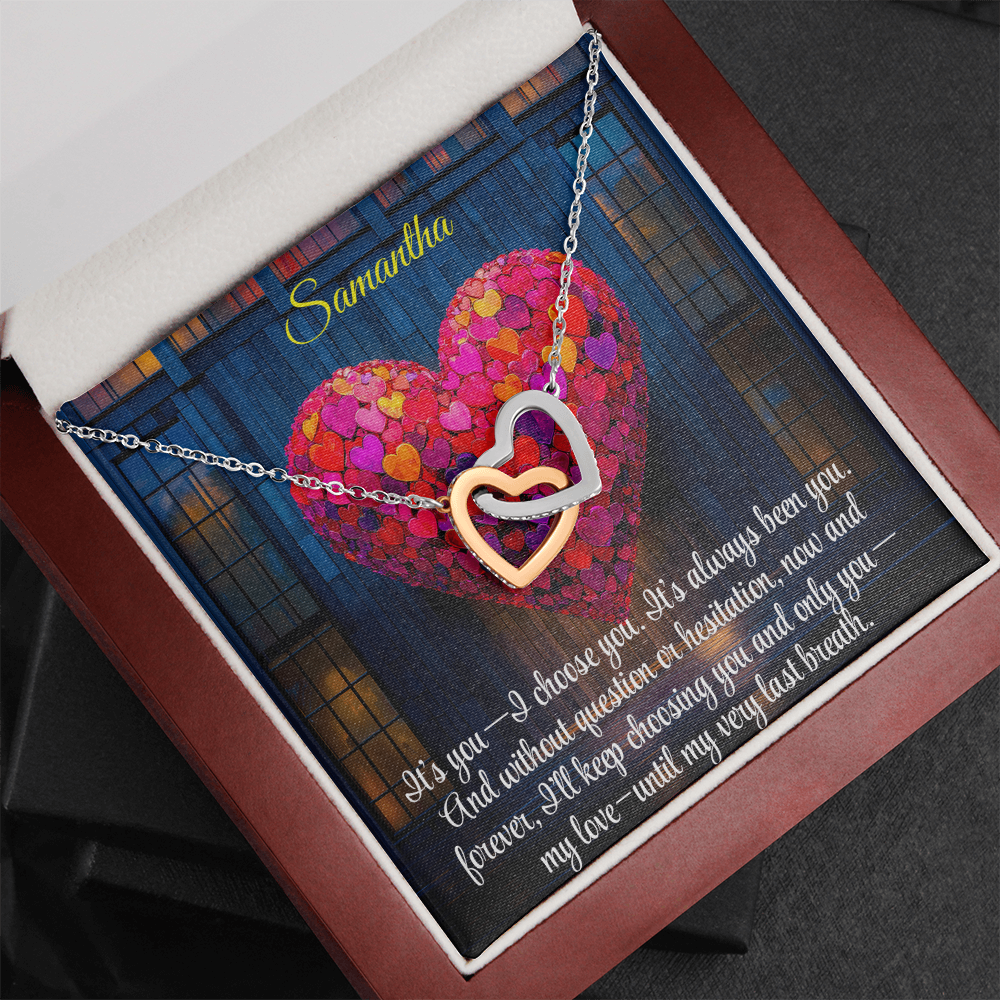 Interlocking Hearts Crystal Necklace, Custom Name Message Card, Gift for Girlfriend, Romantic Wife Gift with LED Mahogany Jewelry Box