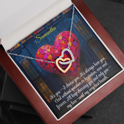 Interlocking Hearts Crystal Necklace, Custom Name Message Card, Gift for Girlfriend, Romantic Wife Gift with LED Mahogany Jewelry Box