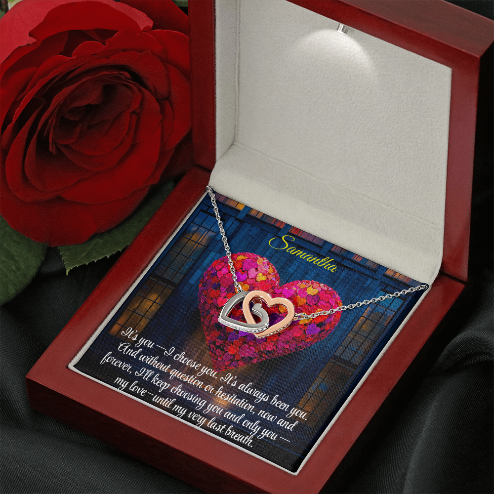 Interlocking Hearts Crystal Necklace, Custom Name Message Card, Gift for Girlfriend, Romantic Wife Gift with LED Mahogany Jewelry Box