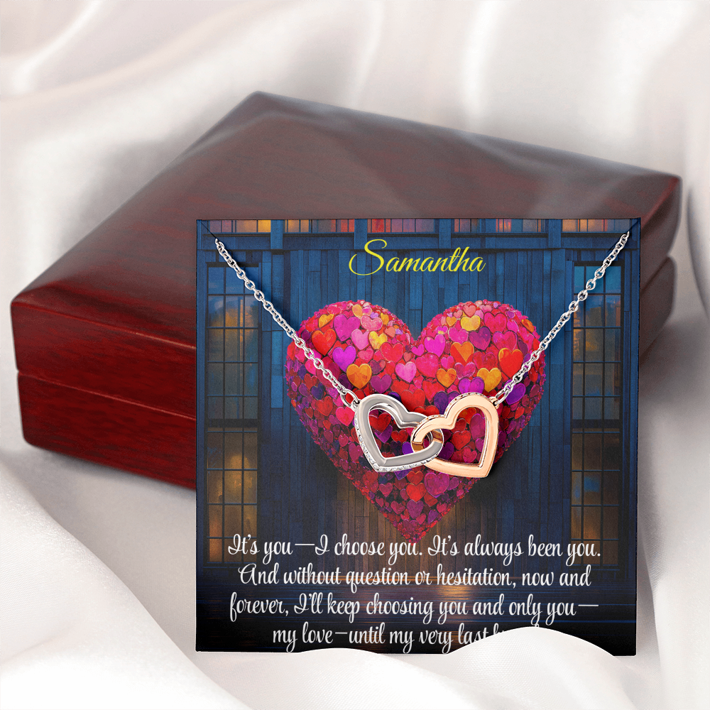 Interlocking Hearts Crystal Necklace, Custom Name Message Card, Gift for Girlfriend, Romantic Wife Gift with LED Mahogany Jewelry Box