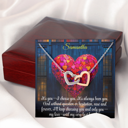 Interlocking Hearts Crystal Necklace, Custom Name Message Card, Gift for Girlfriend, Romantic Wife Gift with LED Mahogany Jewelry Box