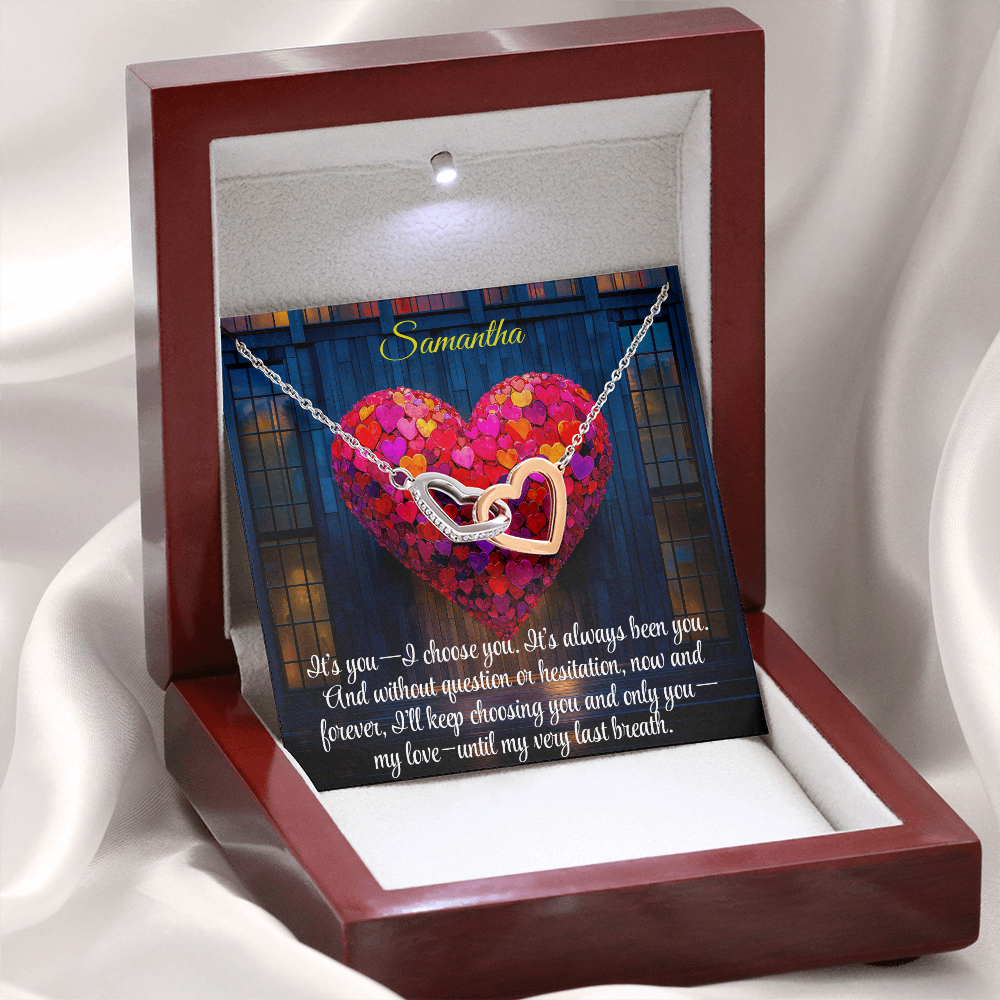Interlocking Hearts Crystal Necklace, Custom Name Message Card, Gift for Girlfriend, Romantic Wife Gift with LED Mahogany Jewelry Box