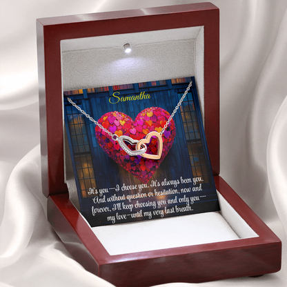 Interlocking Hearts Crystal Necklace, Custom Name Message Card, Gift for Girlfriend, Romantic Wife Gift with LED Mahogany Jewelry Box