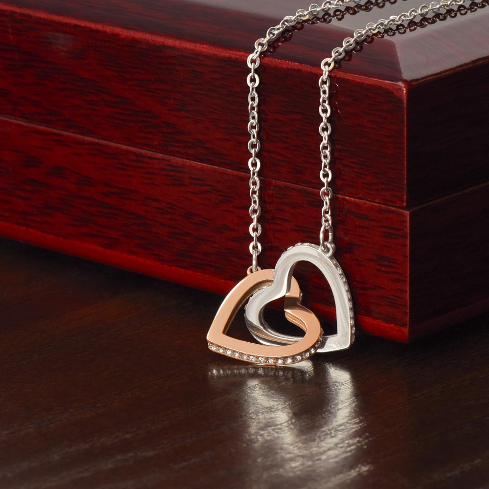 Interlocking Hearts Crystal Necklace, Custom Name Message Card, Gift for Girlfriend, Romantic Wife Gift with LED Mahogany Jewelry Box