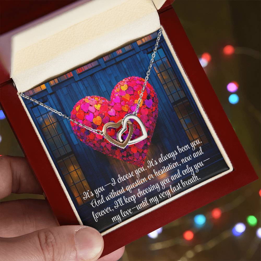 Interlocking Hearts Crystal Necklace, Custom Name Message Card, Gift for Girlfriend, Romantic Wife Gift with LED Mahogany Jewelry Box