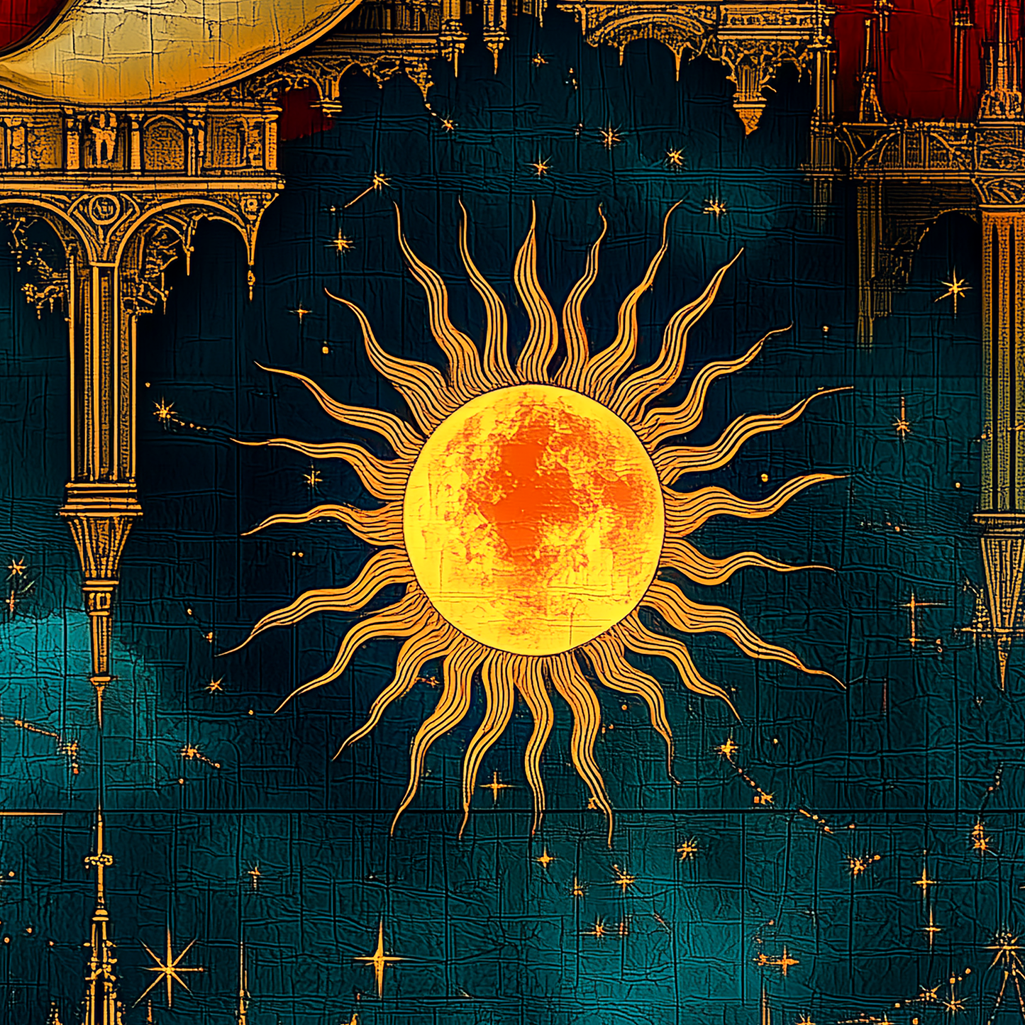 Sun and Moon Wrapping Paper – Rich Reds, Blues, and Gold Floating Architecture for All Occasions