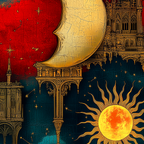 Sun and Moon Wrapping Paper: Red, Blue & Gold Architecture