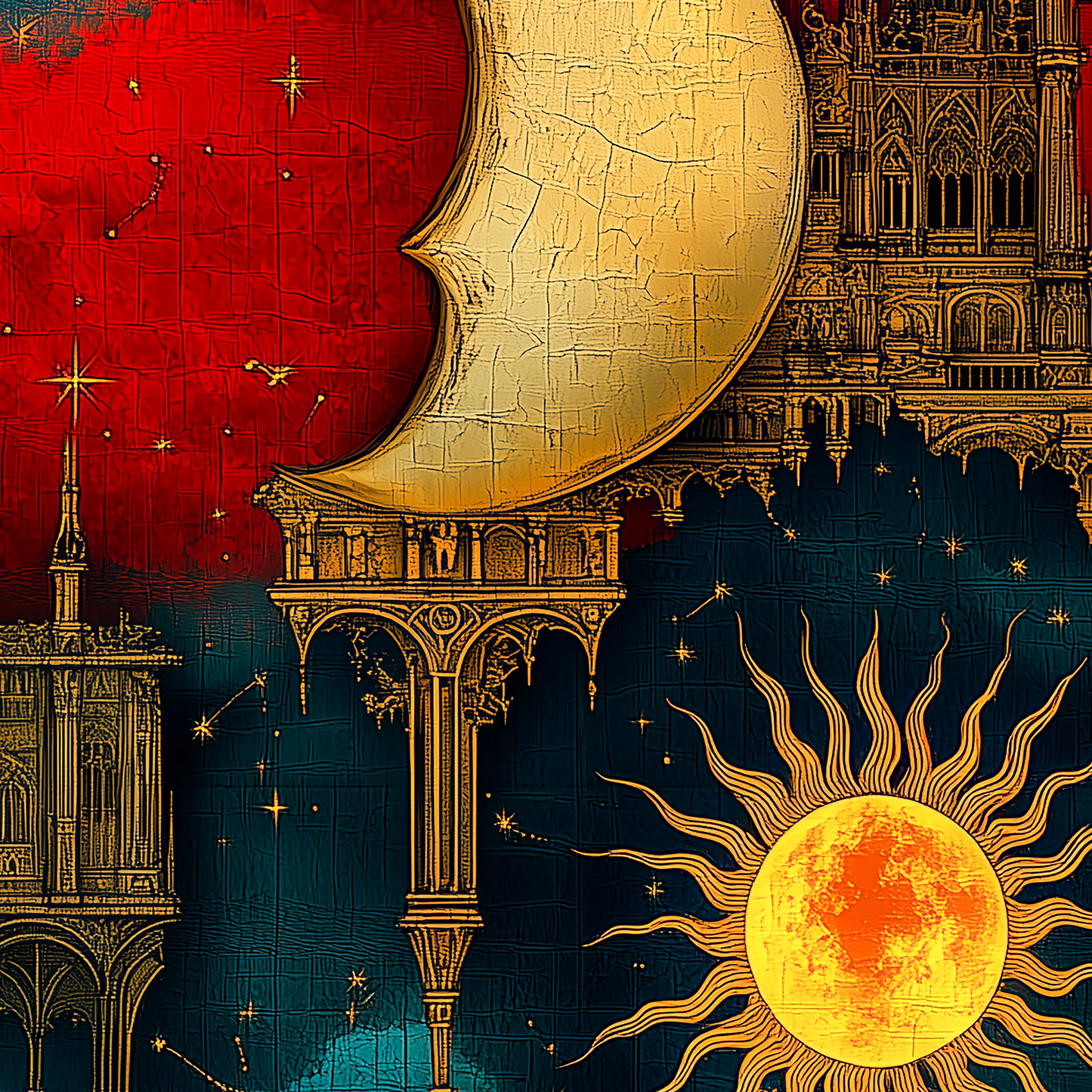 Sun and Moon Wrapping Paper – Rich Reds, Blues, and Gold Floating Architecture for All Occasions