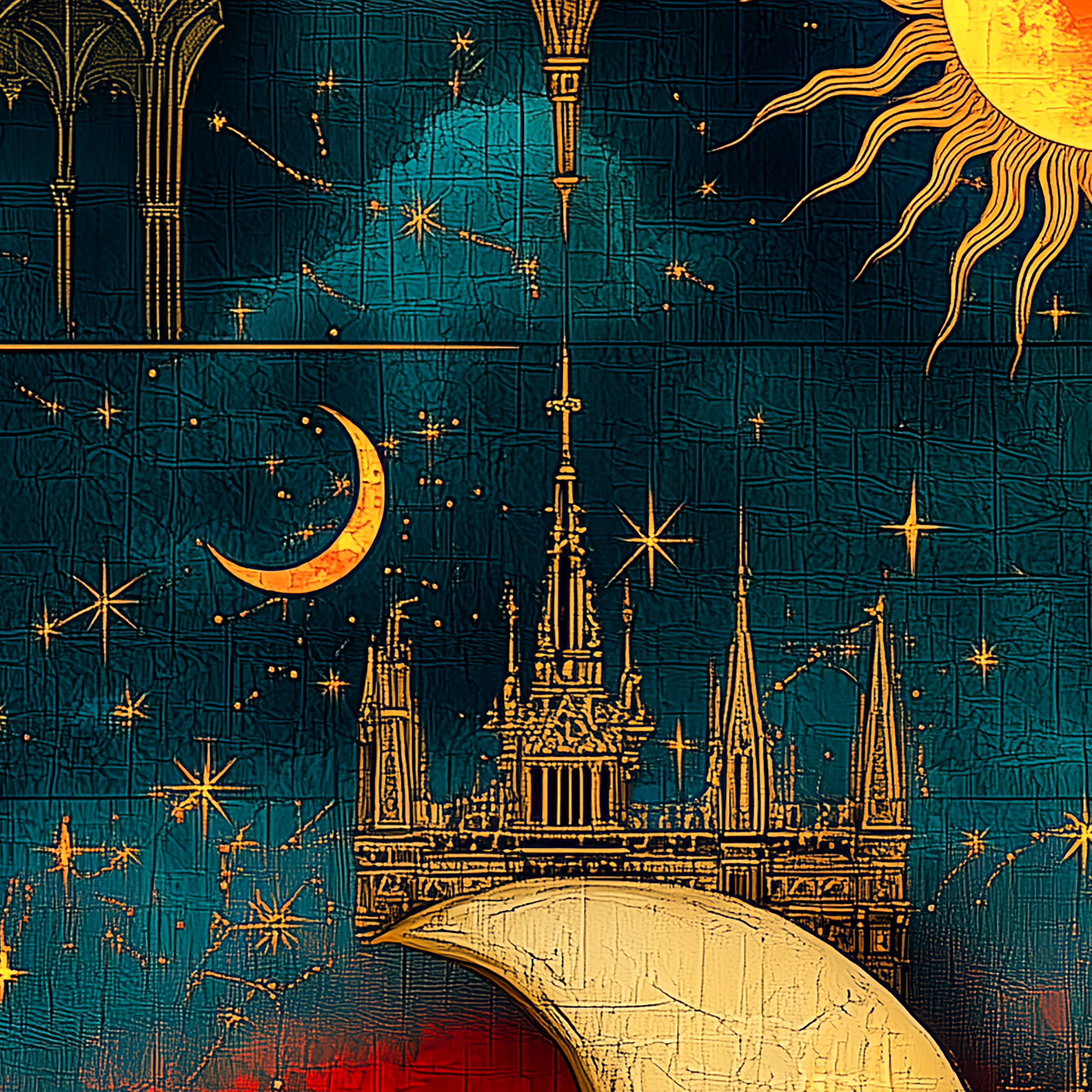 Sun and Moon Wrapping Paper: Red, Blue & Gold Architecture