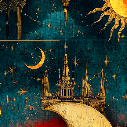 Sun and Moon Wrapping Paper – Rich Reds, Blues, and Gold Floating Architecture for All Occasions