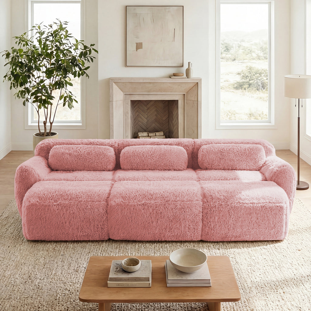 3-Seater Soft Plush Fabric,32D High Density Spong,Movable Ottoman Free Combination,No Assembly Required Bottom Anti-Slip Design,Buckle Connection For Bedroom,Living Room, And Home Theater,Pink