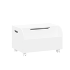 White Wooden Toy Box with 4 Universal Wheels, Kids Playroom Storage Organizer with Front Bookshelf, Flip-Top Lid, Safety Hinge, for Boys and Girls, MDF & Plastic, 23.62'' W x 15.75'' D x 14.4'' H