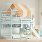 Full Size Bunk Bed with Canopy, Slide & Built-In Bookshelves, Light green