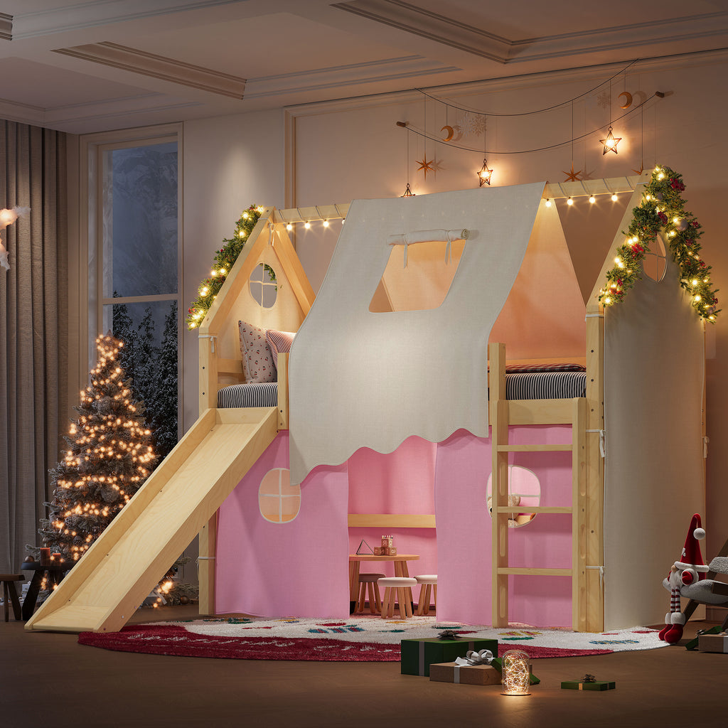 Loft Bed Twin Size, Natural Pink, Solid Wood, Sills, Tents, Ladders, Playroom