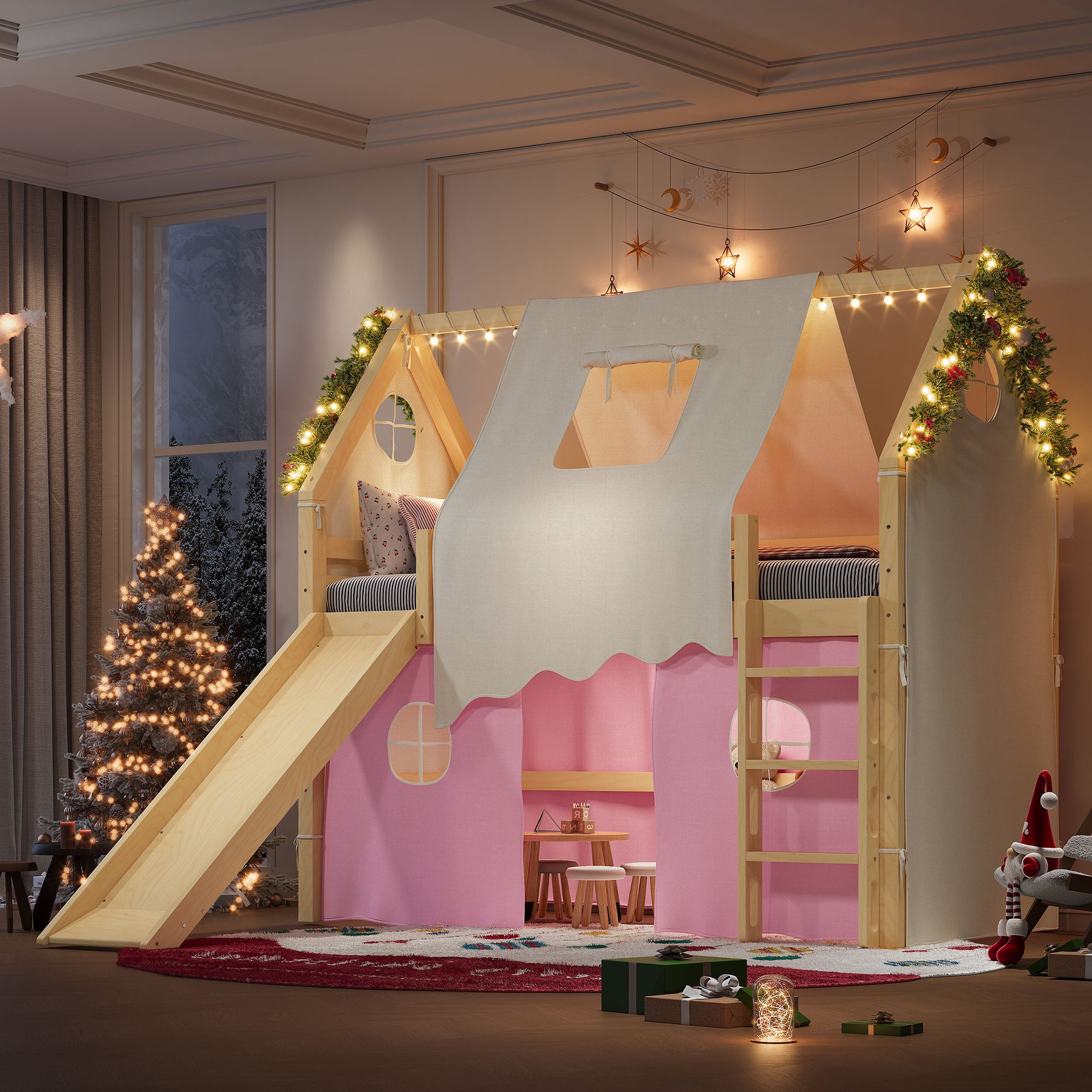 Loft Bed Twin Size, Natural Pink, Solid Wood, Sills, Tents, Ladders, Playroom