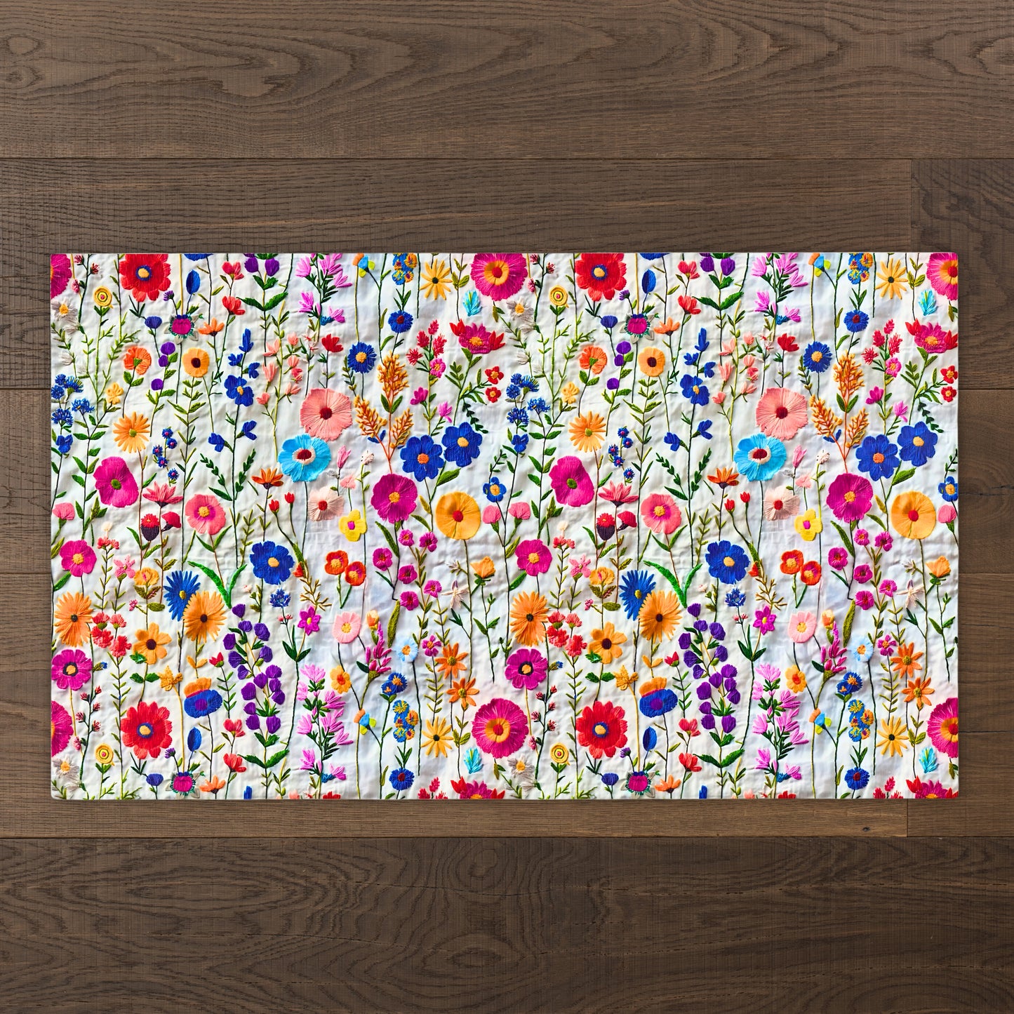 Bright Colorful Faux Embroidered Flowers on White Linen Area Rugs