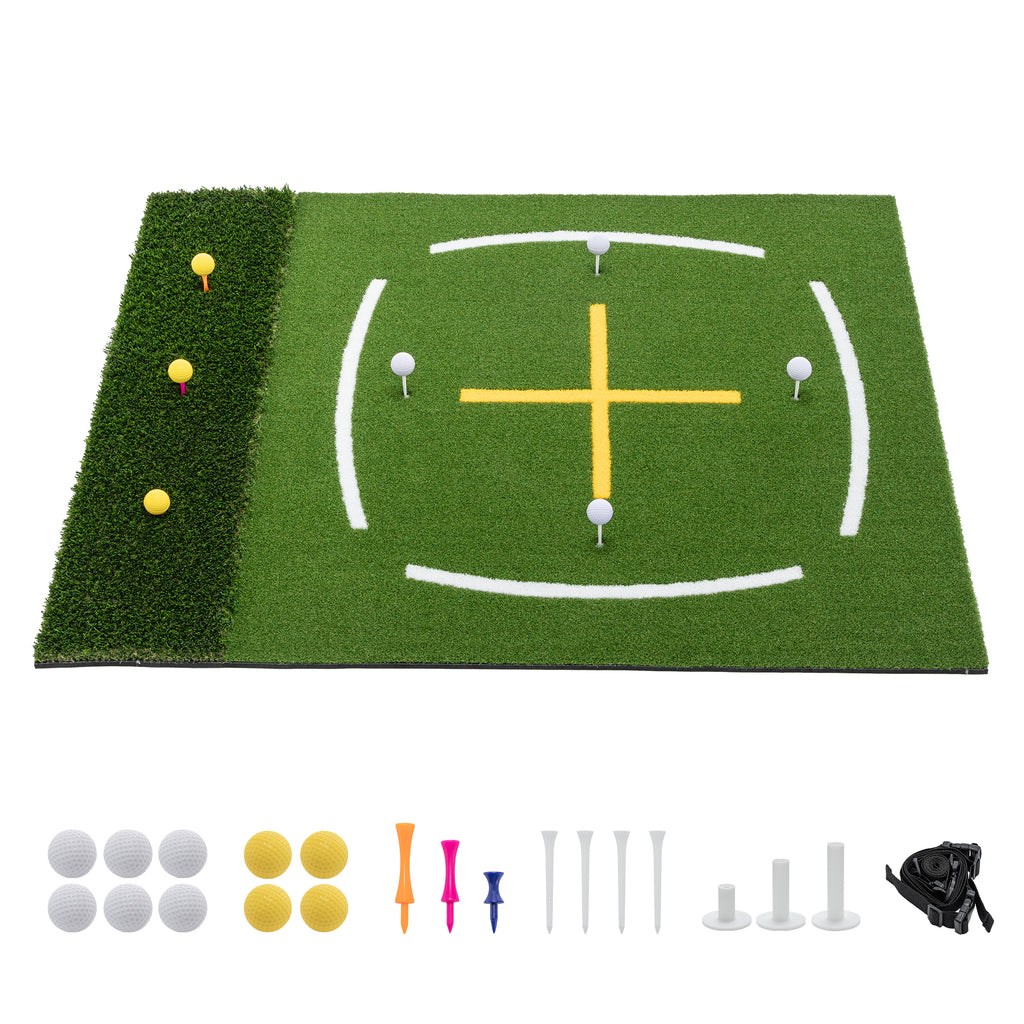 5'x4' Golf Hitting Mat with Cross Stance Guide, Indoor Outdoor Golf Practice Mat with 7 Tee Positions, Heavy Duty Swing Turf for Backyard Garage Training – Includes Balls, Tees & Strap