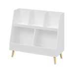 Modern Kids Bookshelf and Toy Organizer with 5 Cubbies, 2-Tier Wooden Open Bookcase, White MDF and Pine Legs