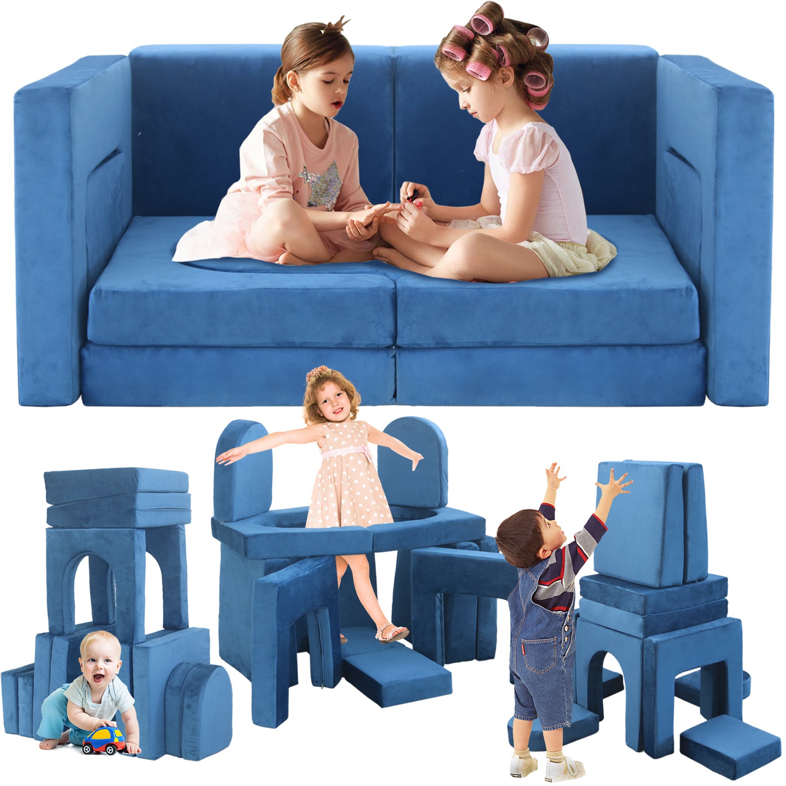 12 PCS Modular Kids Play Couch, DIY Convertible Foam Play Sofa, Toddler Building Fort Sectional Sofa, Creative Play Furniture for Playroom Bedroom Living Room