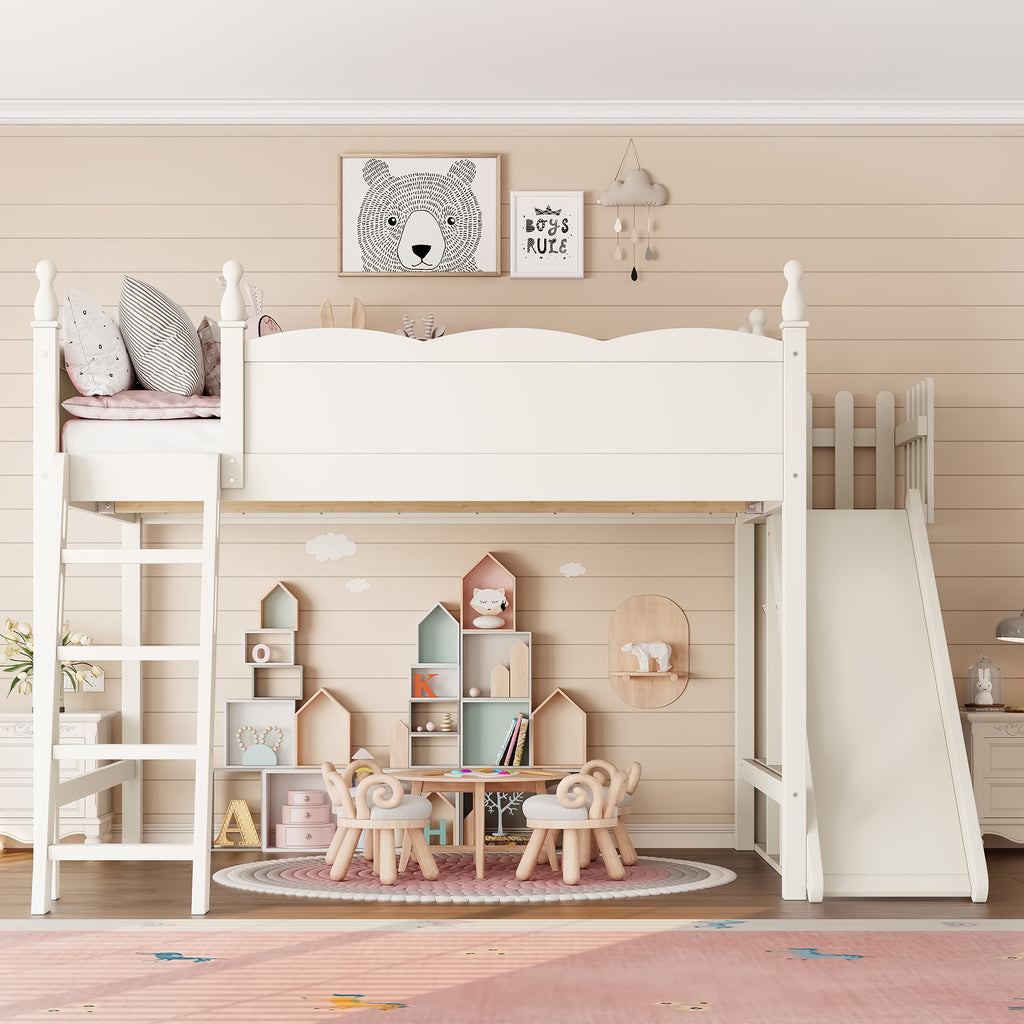 Queen Loft Bed with Storage Shelves and Wardrobe, Solid Wood Loft Beds with Detachable Slide and Ladders, No Spring Box Needed,Beige.(Patent Protection)