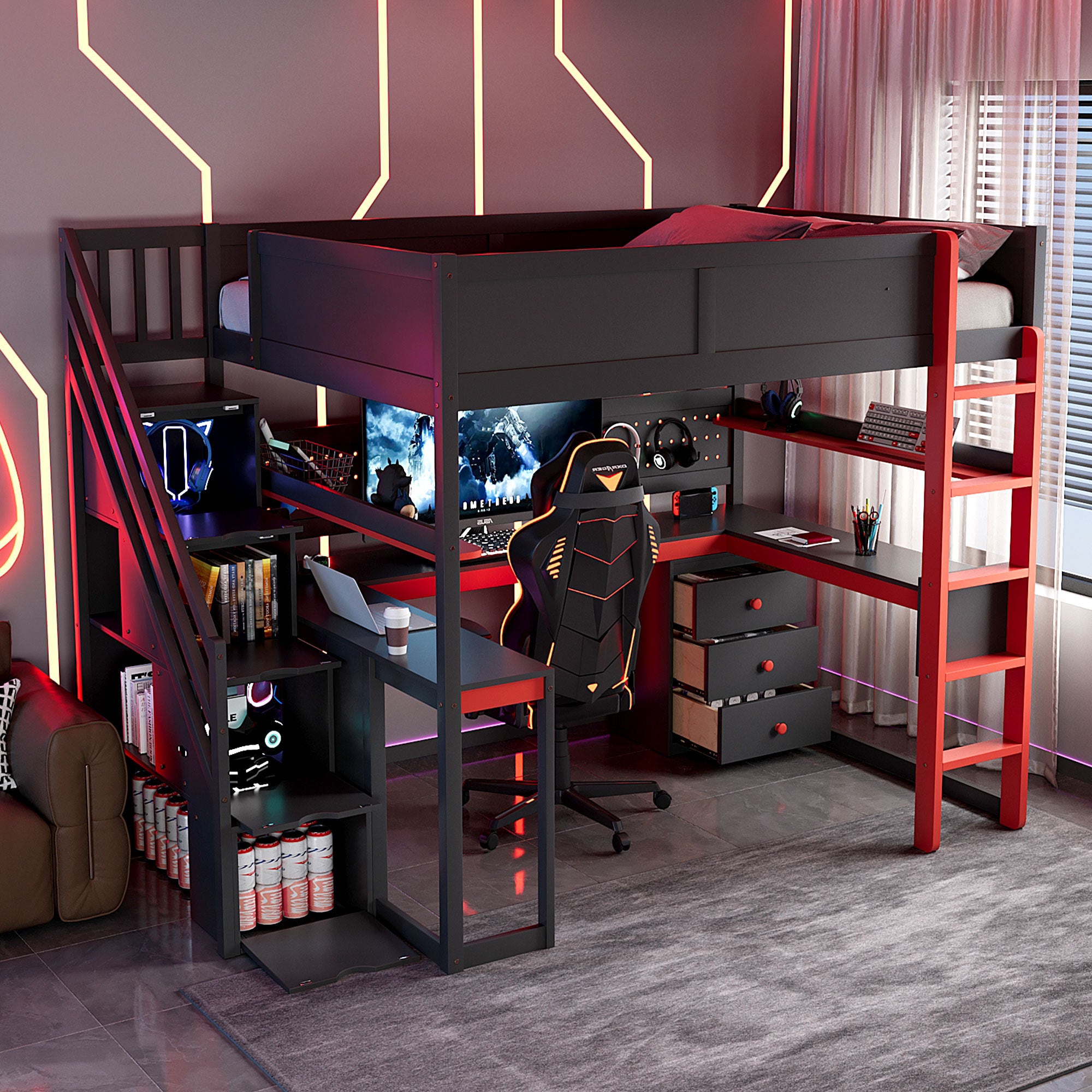 Gaming Loft Bed Full Size Black Red, Wooden, With Storage Stairs And Desk