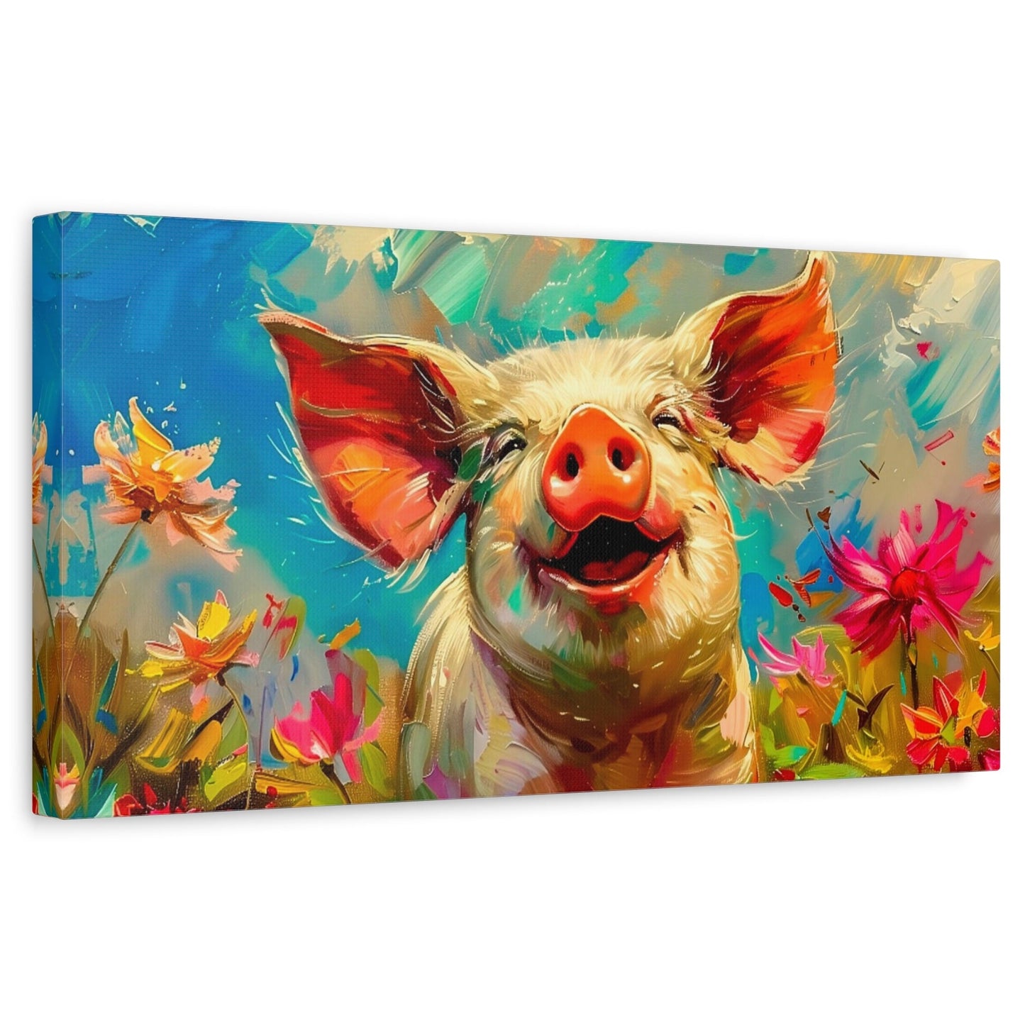 Spring Pig in Blossoms Canvas Art Print - Pig Portrait Art for Home & Office