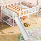 Full Size Low Loft Bed with Ladder and Slide,White