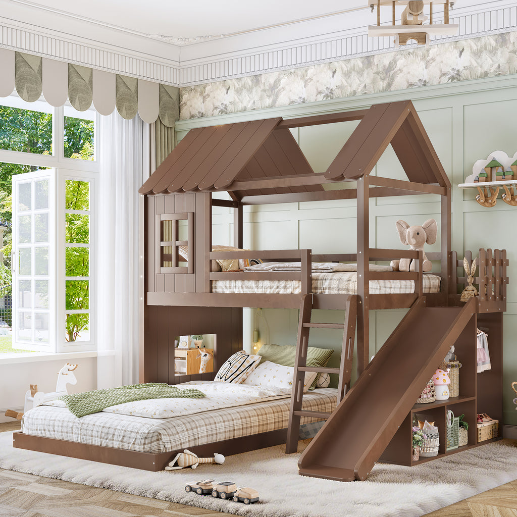 Twin over Full House Bunk Bed with Ladders and Slides, House Floor Bunk Bed with Storage Shelves and Wardrobe, Playhouse Design,Deep Natural