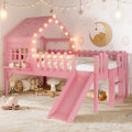 Twin Size House Loft Bed with Slide,Playhouse Bed with Star-shaped Designs and Window, Chic Design with LED Lights,No Box Spring Needed,Pink