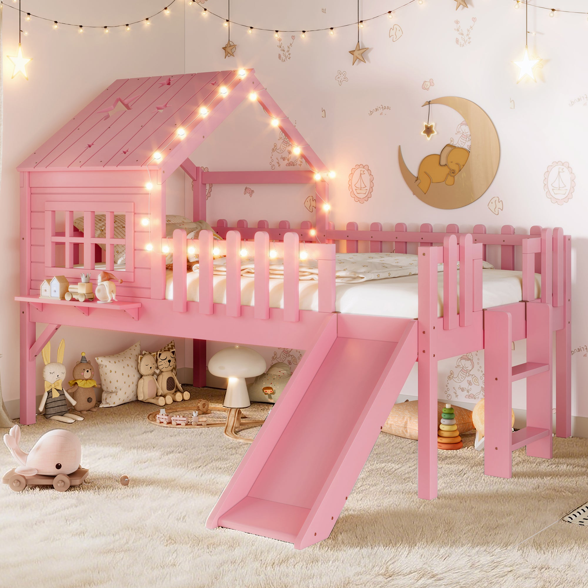 Twin Size House Loft Bed with Slide,Playhouse Bed with Star-shaped Designs and Window, Chic Design with LED Lights,No Box Spring Needed,Pink