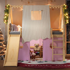 Full Size House Loft Bed with Sills and Tents, Solid Wood Loft Bed with Ladders and Slide, Chic Design with Lights, No Box Spring Needed, Natural+Pink