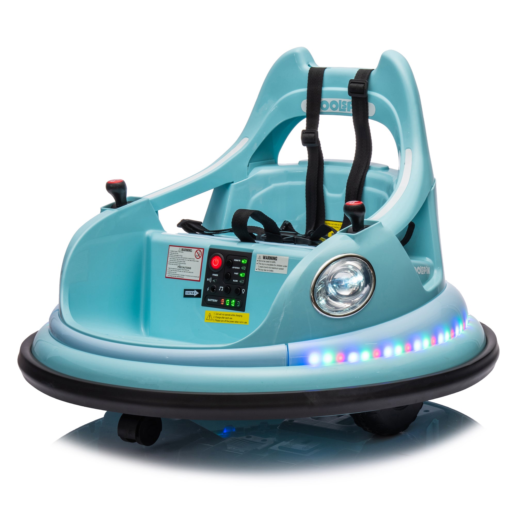Bumper Car Blue 12V Ride On With Remote Bluetooth LED Lights 360 Spin 2WD