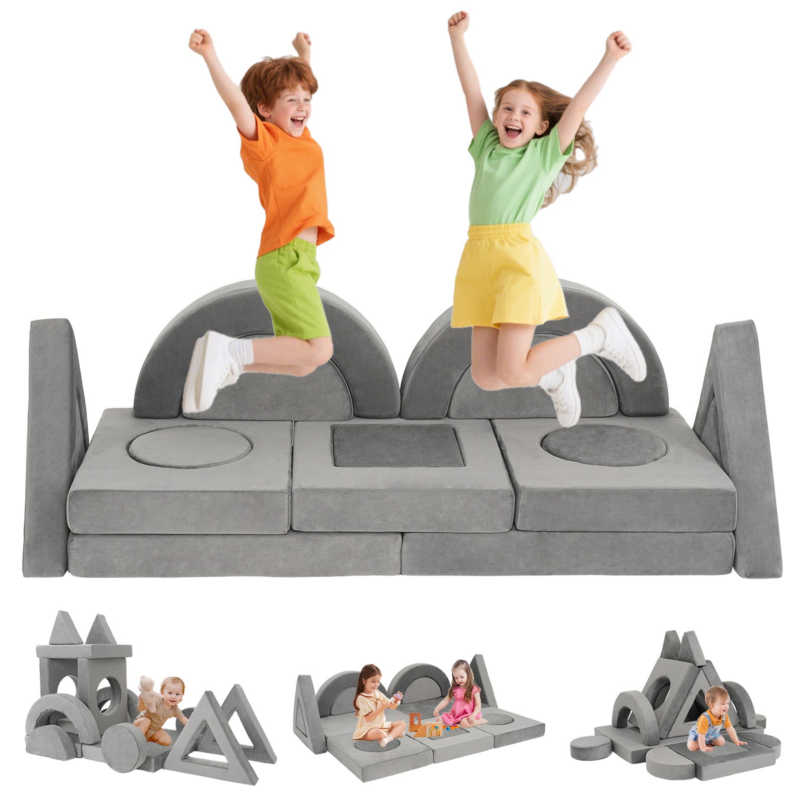 16 PCS Modular Kids Play Couch, Convertible Foam Toddler Sofa Bed with Washable Covers, Versatile Creative Fort Building Set for Boys Girls, Ideal for Playroom Bedroom