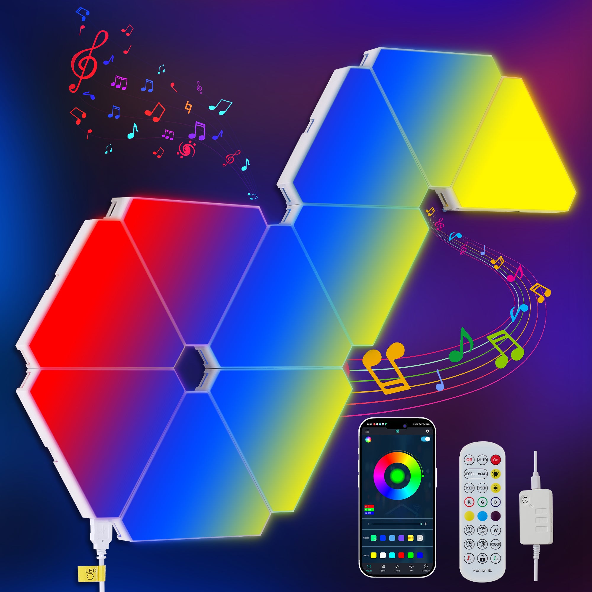 Triangular LED lights, 10 RGB wall panels, modular intelligent light panel with APP, remote and music synchronization, honeycomb light wall in game room, bedroom decoration