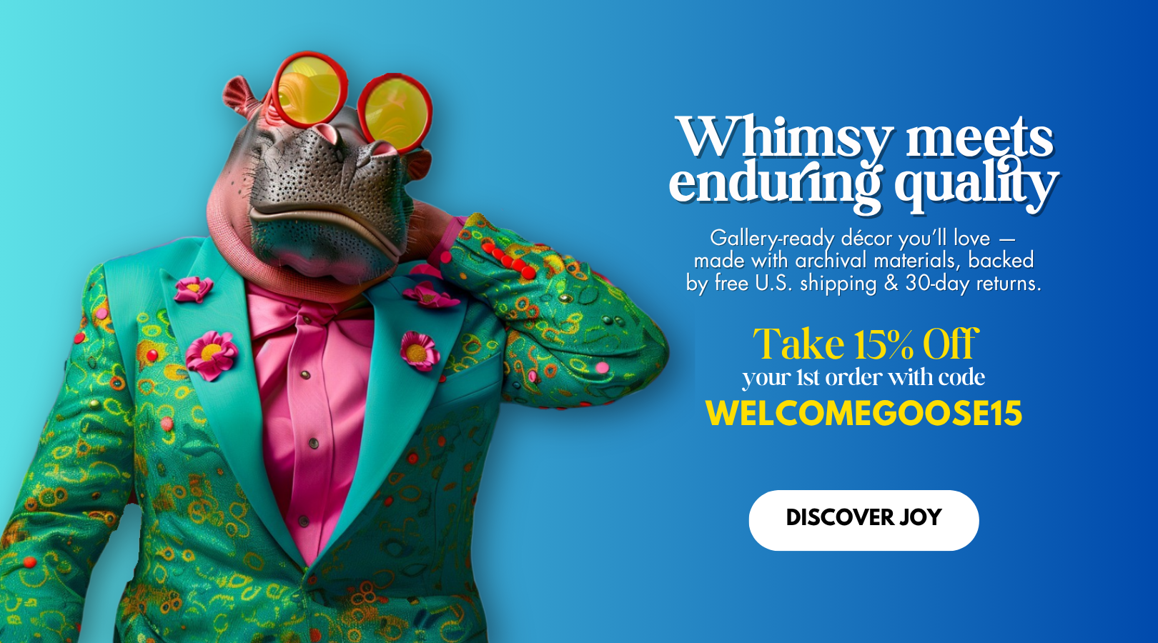 Decorative animal in a suit with promotional text on a blue background