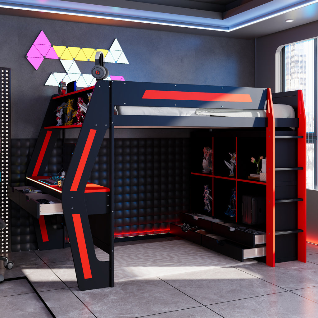 Gaming Loft Bed, Full Size, Black Red, Integrated Desk, USB Ports, RGB Lights