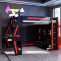 Gaming Loft Bed, Full Size, Black Red, Integrated Desk, USB Ports, RGB Lights