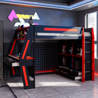 Gaming Loft Bed, Full Size, Black Red, Integrated Desk, USB Ports, RGB Lights