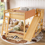 Full Size Loft Bed with upholstered headboard and storage shelves, complete with ladder and slide, Natural