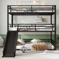 Queen over Queen over Queen Bunk Bed with Slide, Metal Triple Bunk Bed with Safety Guardrails, Heavy-duty Bunk Bed with Noise-reduced Design, Black