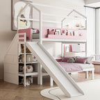 House-Shaped Wooden Bunk Bed with Slide & Storage Staircase, Twin Over Twin/Full Kids Bed Frame, White+Pink