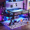 Loft Bed Full Size, Black, Desk, LED Lights, USB Ports, Staircase Mesh Guardrail