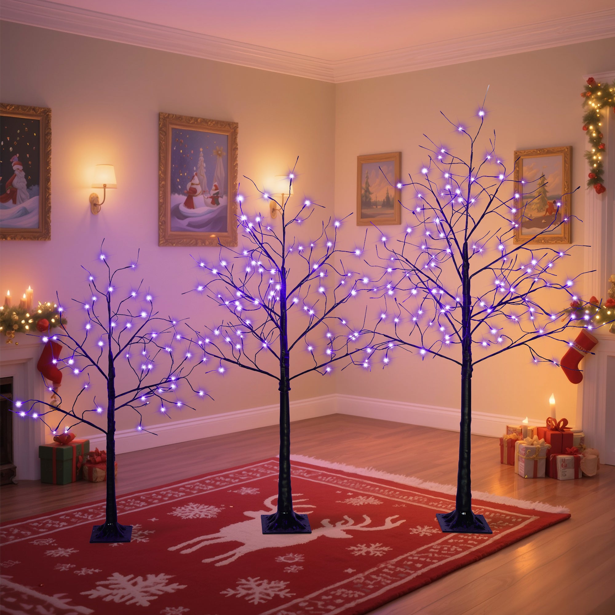 (3-Pack) Purple LED Winter Trees, Seasonal Home Decor, Christmas Halloween Decor