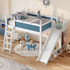 Full Loft Bed with Storage Shelves and Wardrobe, Solid Wood Loft Beds with Detachable Slide and Ladders, No Spring Box Needed,Blue and White.(Patent Protection)