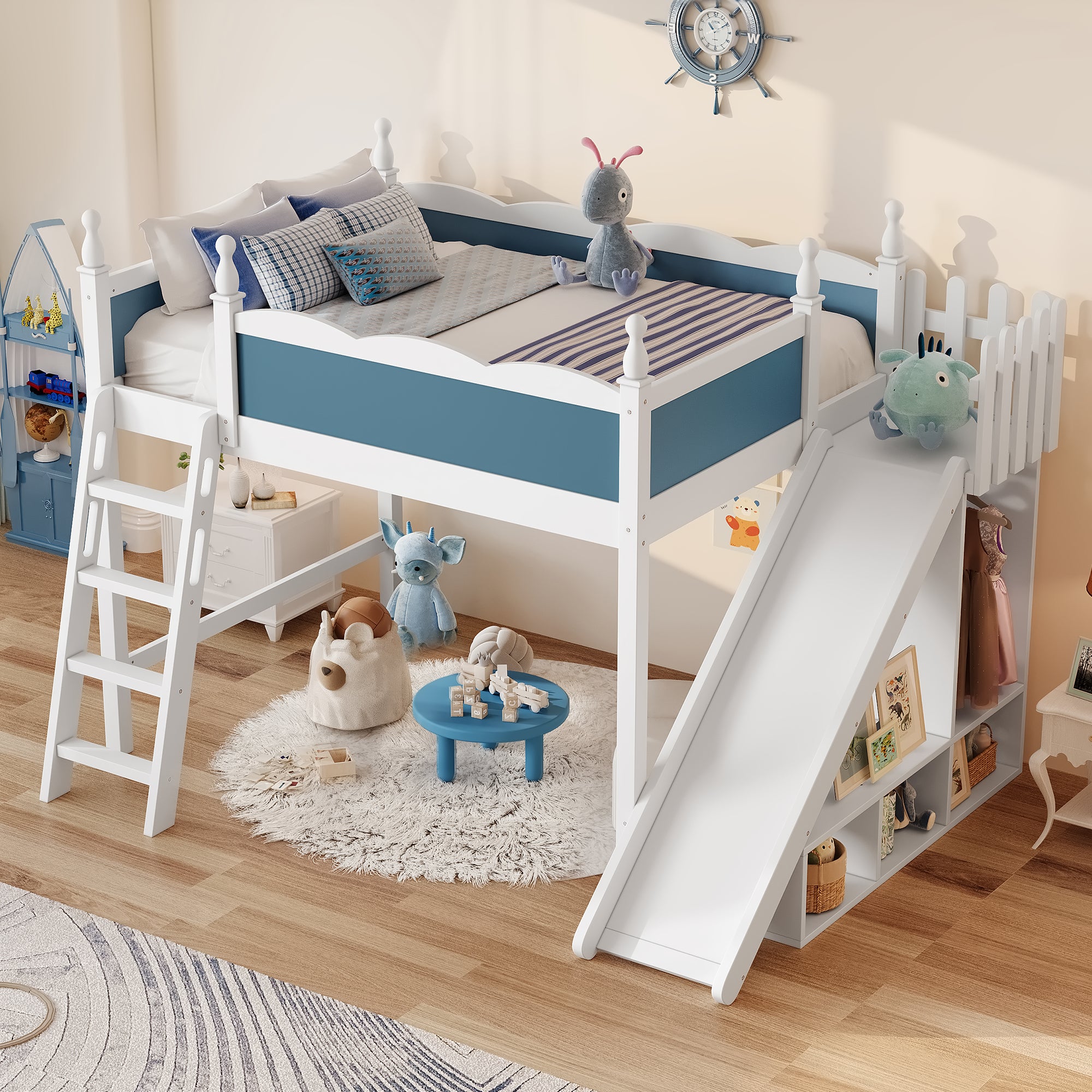 Full Loft Bed with Storage Shelves and Wardrobe, Solid Wood Loft Beds with Detachable Slide and Ladders, No Spring Box Needed,Blue and White.(Patent Protection)